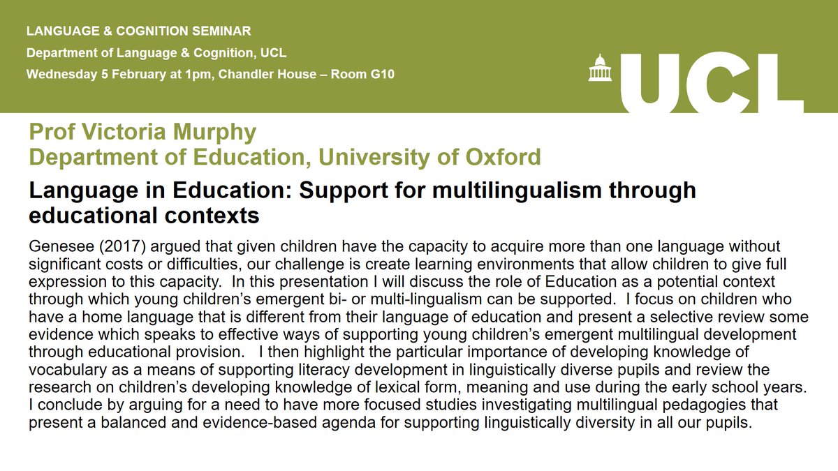 Seminar abstract for Prof Victoria Murphy's talk in the Language & Cognition seminar of Wed 5 February, 1-2pm in Chandler House G10. See https://www.ucl.ac.uk/pals/events/2020/feb/language-cognition-seminar-prof-victoria-murphy for the full abstract