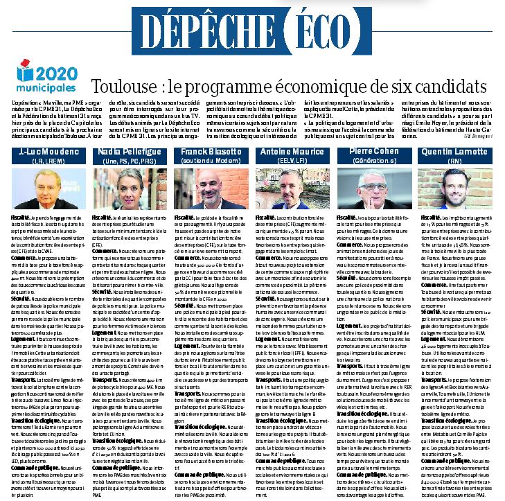 Gil_Bousquet's tweet photo. #Municipales #Toulouse: 6 candidats dévoilent leurs propositions éco dans @ladepeche_eco à l'occasion de l'opération #MaVilleMaPme #CPME31 #FFB31 => https://t.co/xl4pm0bWbk https://t.co/m0xLOZq42D
