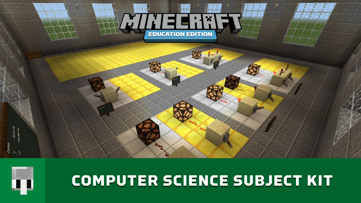 A room featuring logic circuits created in Minecraft: Education Edition. Text reading "Computer Science Subject Kit"