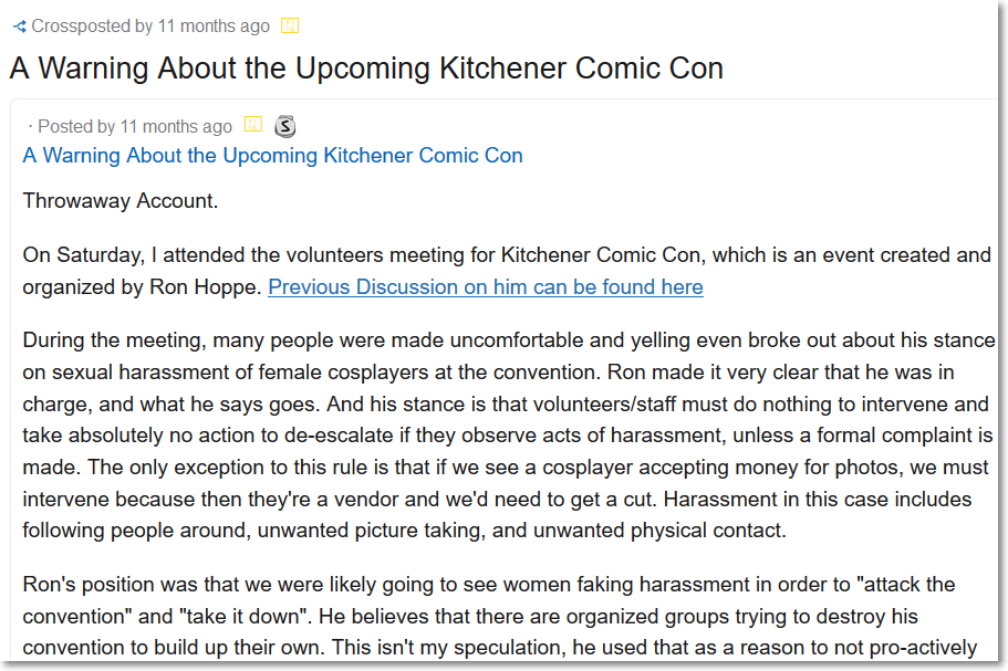 lornekates's tweet photo. @MarzGurl oh no...

So a nearby Canadian convention (Kitchener Comic-Con) had some, ah, "issues" with staff/runners allowing harassment last year (as exemplified in the screengrab below).

Guess who they just announced as a guest.

It-- isn't going over well. =P https://t.co/7I3e61XQ2b