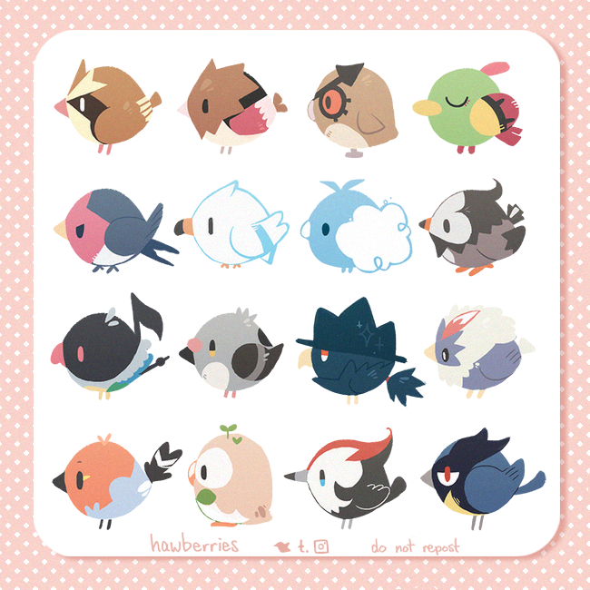a drawing of 16 pokemon in a cartoony, round style: pidgey, spearow, hoothoot, natu, taillow, wingull, swablu, starly, chatot, pidove, murkrow, rufflet, fletchling, rowlet, pikipek, rookidee.