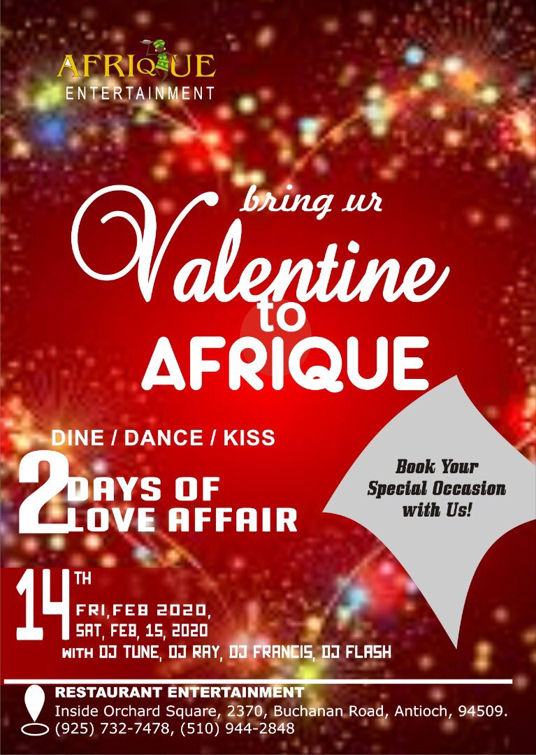 Afrique_Rest's tweet photo. Come get in the mood all weekend, with your significant other! Starting Friday Feb. 14th at 9pm! https://t.co/I8uoE6yrov