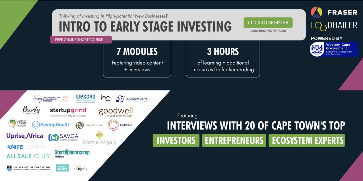 KnifeCap's tweet photo. New free early-stage investing course to encourage more South Africans to invest responsibly in #Startups. The first 35 people to register will also be invited to attend #SAVCAConf2020 #SAVCAVC2020 25 Feb at @HazendalWine! Apply Here: https://t.co/JTCm7yXrr1 https://t.co/wWqSpBEAme