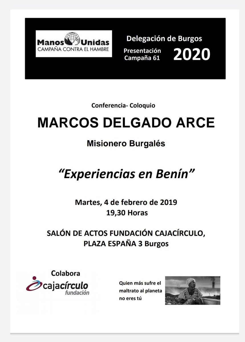 🕗Esta tarde a las 19:30
➡️El Misionero burgalés Marcos Delgado nos cuenta sus experiencias en Benín
📍En el salón de actos de la Fundación Caja Círculo
Organiza  <a href="/BurgosManos/">melike kaygısız</a>