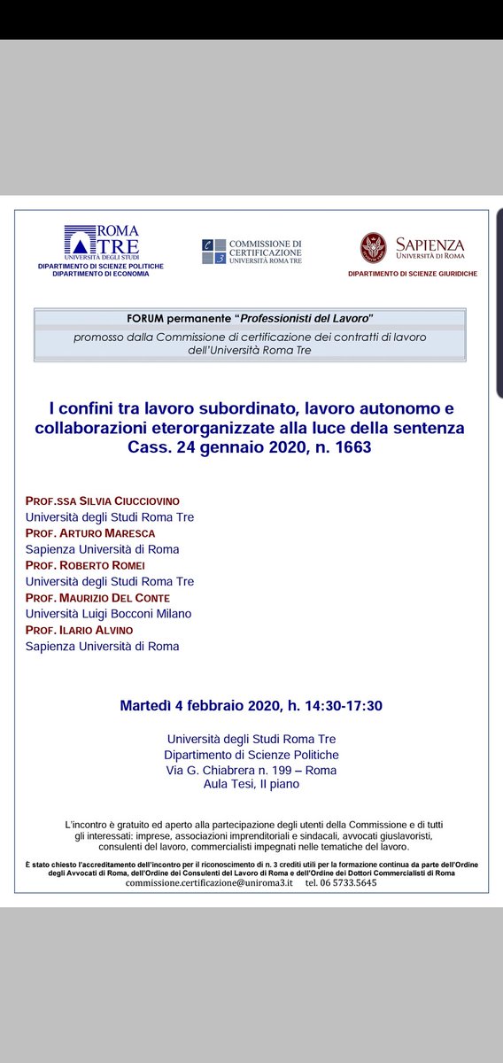 Oggi  all'Università #RomaTre nuovo Incontro promosso dalla Commissione di certificazione #certificazioneroma3 per discutere i profili applicativi della sentenza di Cassazione sul caso #Foodora.