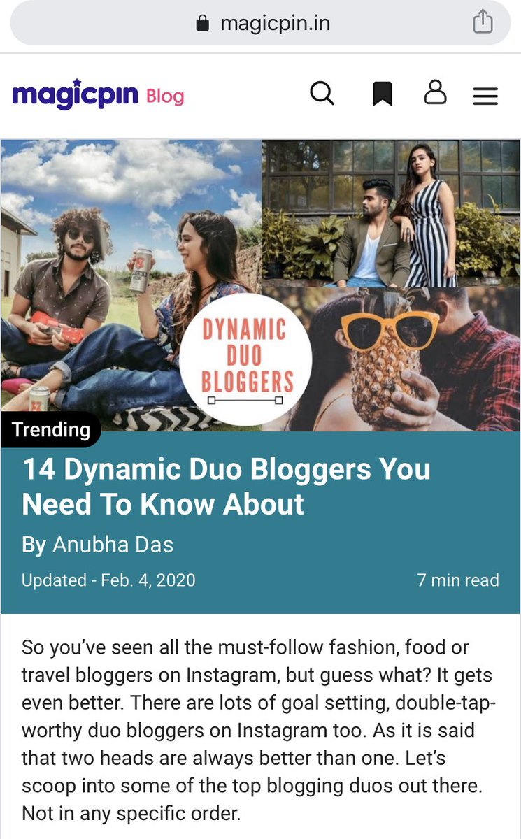 rahul_nitk81204's tweet photo. *Good News to Share* 🤗👇
We have been featured as Dynamic Duo Bloggers people should know about in a list published by Magic Pin- https://t.co/bbw3GovY41 (https://t.co/N9AgNtVzEu. 6 ) #insideoutwithrahulyuvi #travel #travelblog #travelblogger #travelbloggers #travelbloging https://t.co/FfmnrrRskv