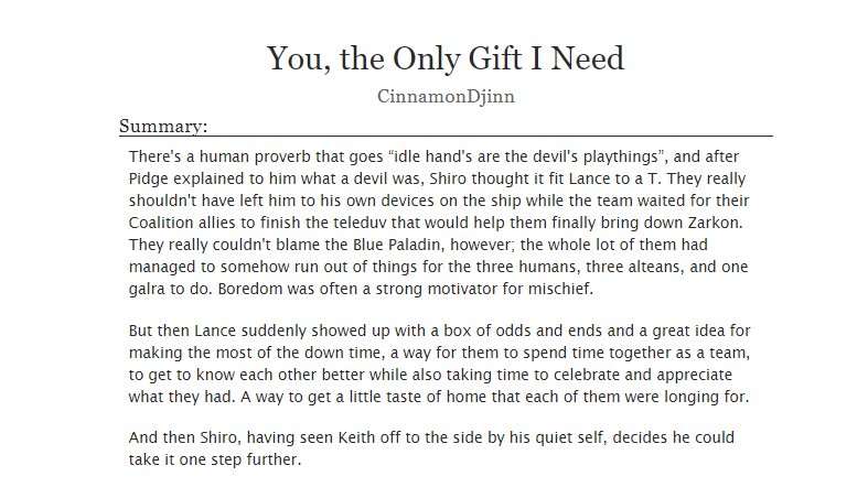 Omnidolor's tweet photo. My pinchhitting gift to Andes for the Sheith Secret Santa 2019! Thank you @sheithsanta for organizing this event!

You, the Only Gift I Need | Voltron - sheith | G | 10k |  Holiday decorating and cheer, a little angst and a lot of fluff, getting together

https://t.co/APpklFOJ6d https://t.co/4IQ8Ox2fhP
