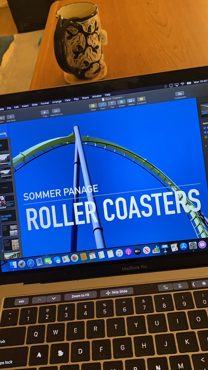 Keynote deck open on laptop. First slide is a photo of a roller coaster inversion with the title Roller Coasters by Sommer Panage.