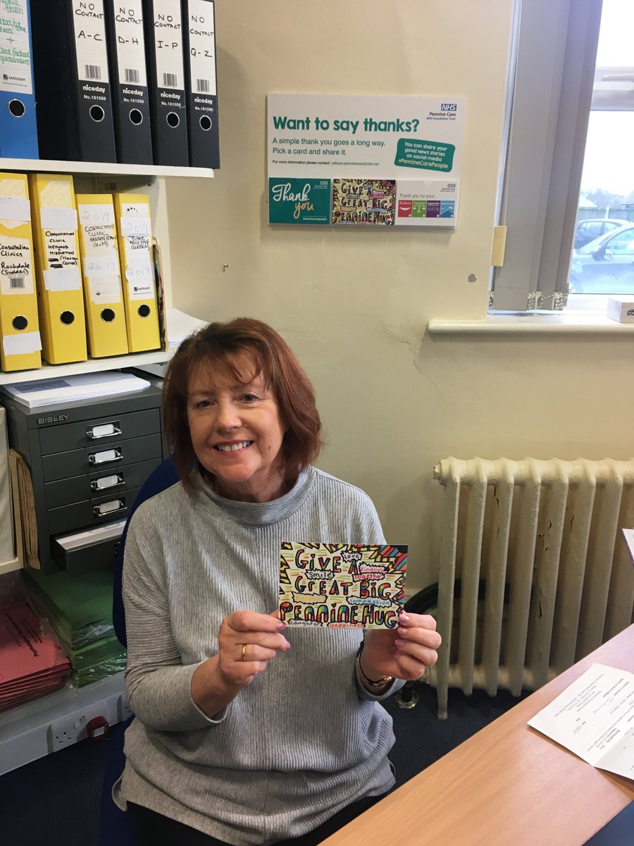 lougelder's tweet photo. Lovely Kath - greeted us so warmly yesterday in HMR psych therapies. This pic represents all the admin staff we met delivering #pcftThankYou posters & cards. All were #enthusiastic #uberfriendly but also #camarashy #penninecarepeople @carolinemcc @PennineCareNHS https://t.co/4hNlqjxvrG