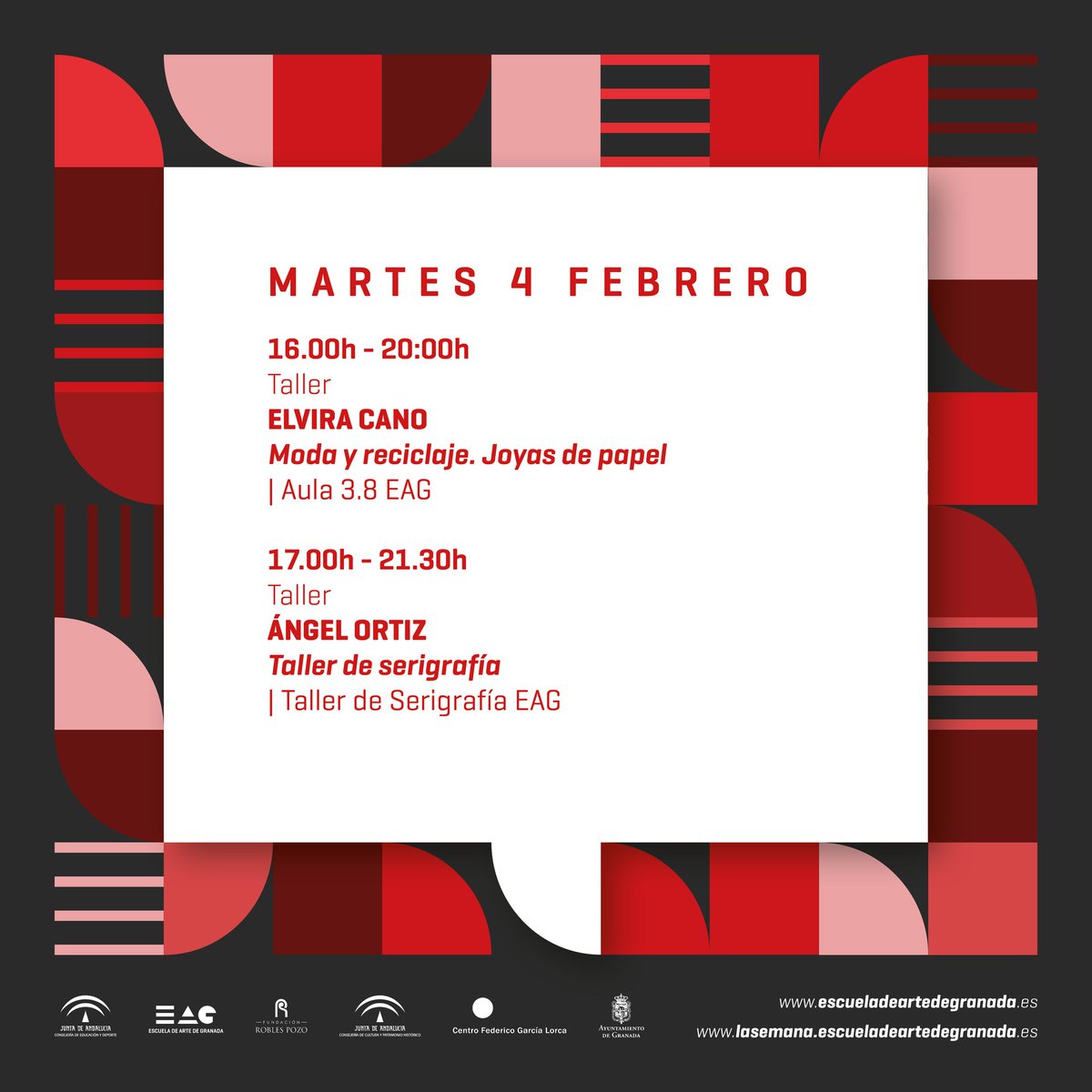 ACTIVIDADES DEL MARTES
Hoy seguimos en la Biblioteca de Andalucía con Clara de Juan de Paz, de 09:00-14:30h ¡no os la podéis perder! Os dejamos el planning del día de hoy donde disfrutaremos en talleres de serigrafía a mano de grandes diseñadores. 
<a href="/JuntaGranada/">Junta Granada</a> <a href="/EducaAnd/">Consejería Desarrollo Educativo y FP</a>