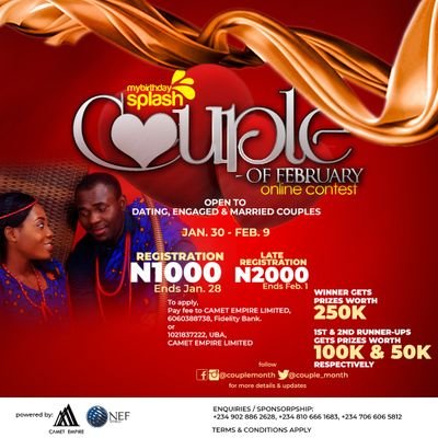 couple_month's tweet photo. COUPLE OF FEB
STAGE 2
Vote by Retweeting the picture
To register for Face oF FEB:
Kindly pay the registration fee of 1k to
NEO ENTERTAINMENT,0090705125 
Access Bank (Diamond)
  https://t.co/sOhbgy14g6 https://t.co/E6ZGL2Pkgz