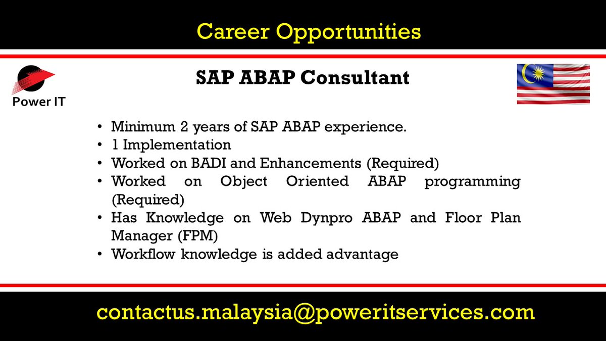 Poweritmalaysia's tweet photo. We have an Excellent opportunity for SAP ABAP Consultant in Malaysia Location. Interested candidates, please send us your updated profile to contactus.malaysia@poweritservices.com
#malaysia #malaysiajobs #sapabap #BADI #webdynpro #sapimplementation https://t.co/GJ8yK74uSn