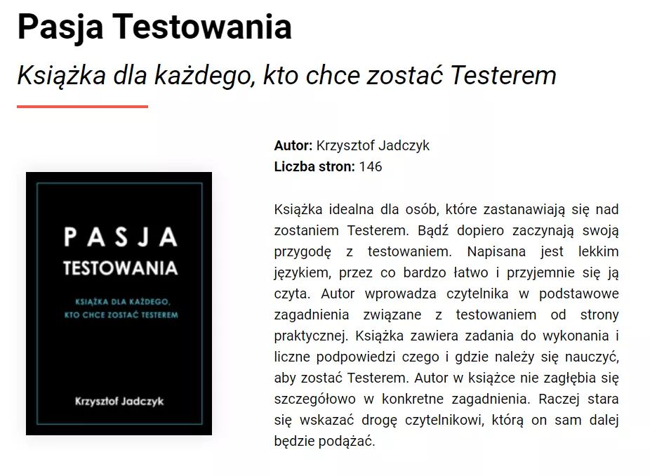 JadczykBugfree's tweet image. Hubert, autor bloga To Nie Bug, umieścił &quot;Pasję Testowania&quot; na liście Najlepszych książek na początku kariery Testera Oprogramowania. 

Dziękuję bardzo za to wyróżnienie.

toniebug.pl/polecane-ksiaz…

#ebook #pasjatestowania #naukatestowania 

Info o książce bugfreeblog.com/pasja-testowan…