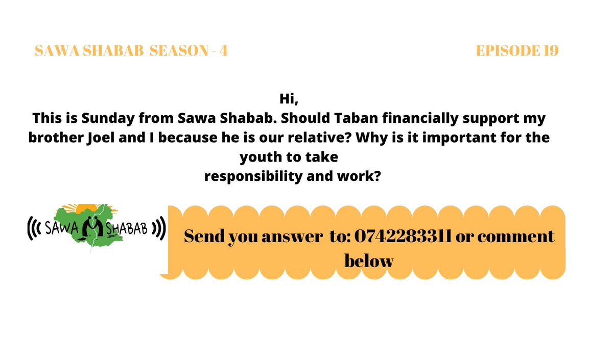 Morning from <a href="/SawaShabab/">Sawa Shabab</a> 
After we broadcasted <a href="/SawaShabab/">Sawa Shabab</a> Radio 📻 Drama Episode 19 and had a discussion on it, we ask you this question; Why is it important for the youths to take responsibility and work? <a href="/SawaShabab/">Sawa Shabab</a>  #lifeskills @PeaceTechLab