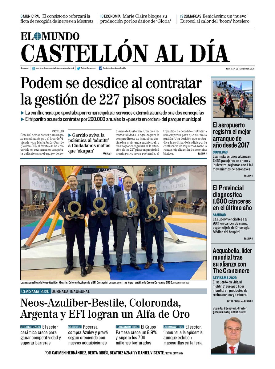 ximogorriz's tweet photo. Hoy martes 4 en las #portadasdeCastellón, @CercaniasVLC @Renfe @Podem_Castello @AjuntCastello #vivienda #Cevisama2020 #AlfasdeOro @SocEspCeramVidr #Magdalena2020 @ajborriana @TSJCV #jabalís @CDTairport @chpcastellon @AcquabellaBath #Mestrets @marieclaire_es @AytoBenicassim y más https://t.co/CEw5T2JP6B