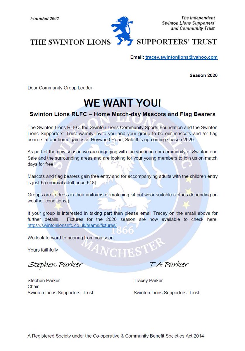 Are you involved in local children community groups? Swinton or Sale area? We need mascots for this 2020 season to walk out with the team. Mascots free entry and accompanying adults just £5 entry. See below for details.