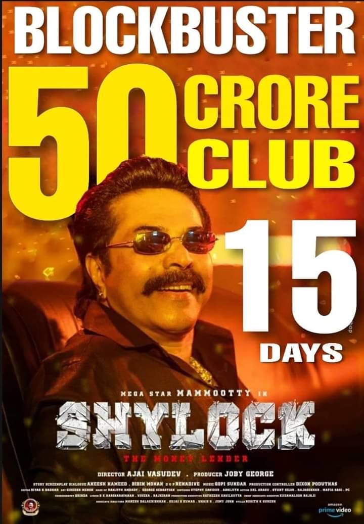 MammookkaWorld's tweet photo. #ShylockRulingBoxOffice 

@mammukka #Rajkiran #Shylock #BoxOffice Hunt Continues Globally
 
#shylock Had Entered 50 Cr Club Within 11 Days. 

Collection Breakup 

Kerala - 31.20 CR
ROI -.       2.80 CR
M EAST-18.50 CR
ROW -      2.40 CR
TOTAL -  54.90CR

💥💥Humongous 💥💥 https://t.co/v2b5A7K4qN