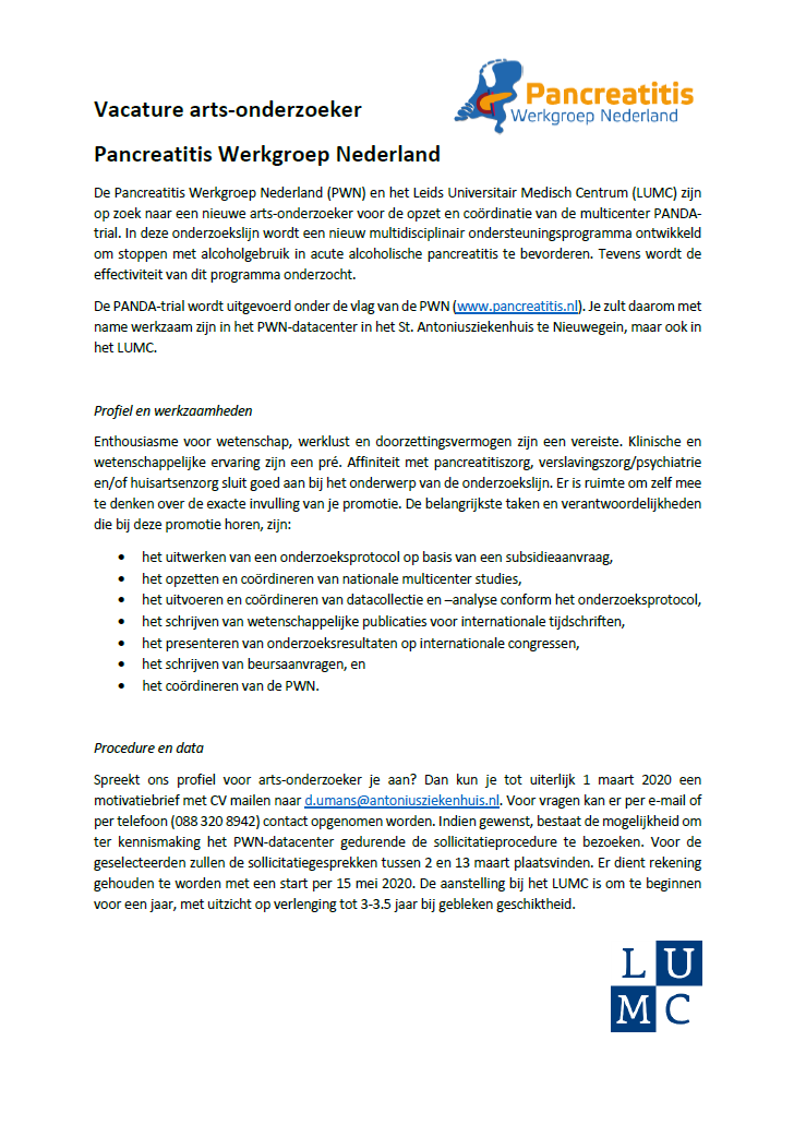 pancreatitis_nl's tweet photo. De Pancreatitis Werkgroep Nederland zoekt een nieuwe arts-onderzoeker voor de #PANDAtrial🐼! Kent u een bekwame en enthousiaste (semi-)arts/ANIOS met interesse in deze uitdagende, veelzijdige en leerzame onderzoeksplek? Deel dan deze #vacature! Reageren kan tot 1 maart. https://t.co/GTi4GAixEC