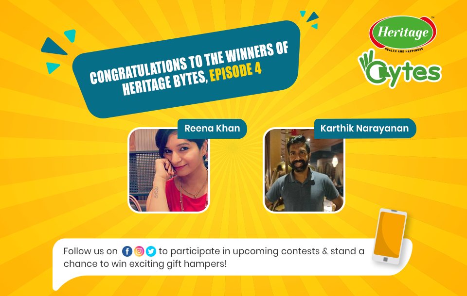 hfltd's tweet photo. Congratulations to Reena Khan &amp; Karthik Narayanan for winning the giveaway contest of #HeritageBytes Episode 4! Kindly DM us your details to claim your prize. #HeritageBytes #BerryBananaSmoothie #NutritionToNation https://t.co/4D6vlv6fw1