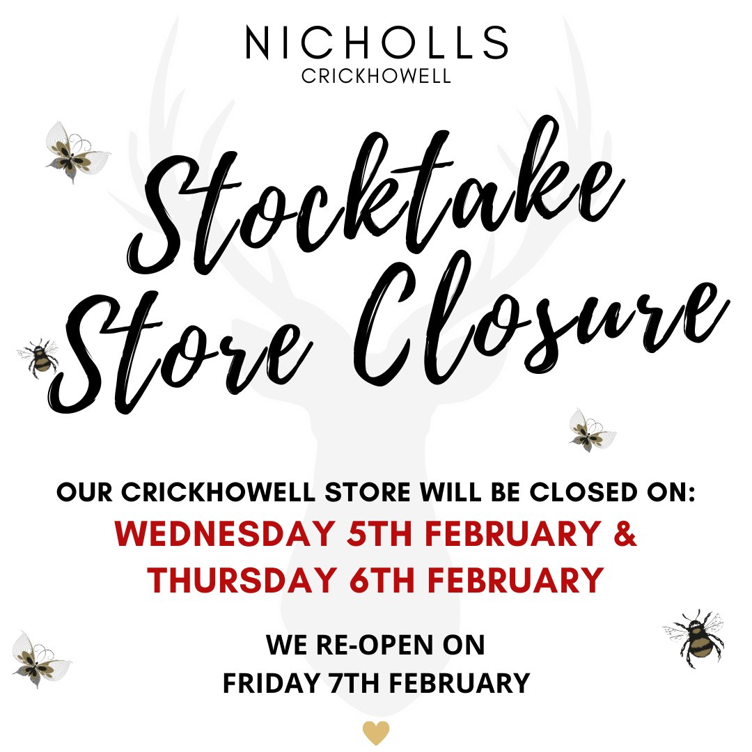 Our Crickhowell store will be closed this Wednesday &amp; Thursday for stocktake and will re-open on Friday! Our Abergavenny and Brecon stores will still be open for you to visit! Thank you for your patience, Nicholls x