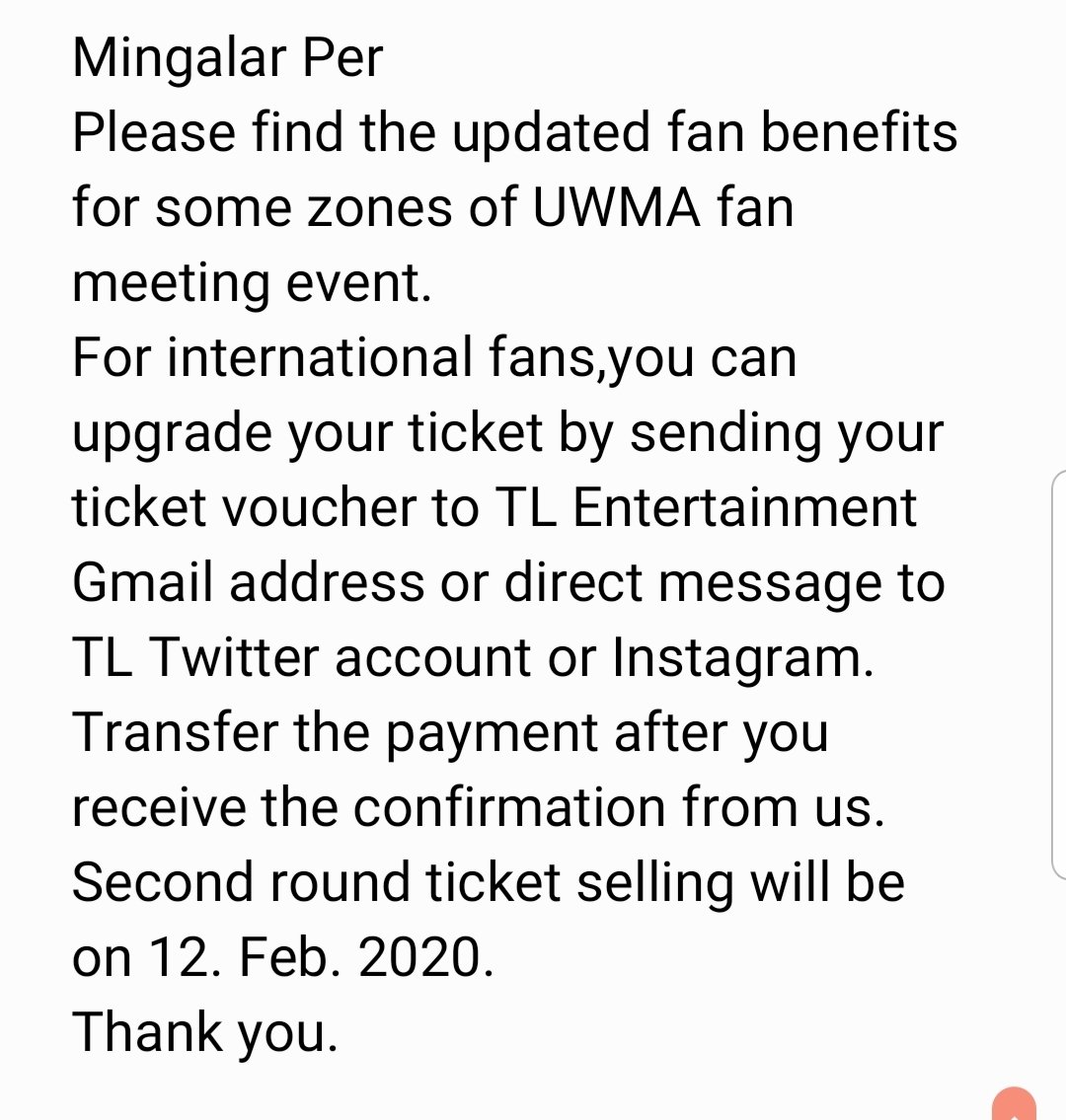 TLEntMyanmar's tweet photo. Mingalar Per
Please find the updated fan benefits for some zones of UWMA fan meeting event. Don't miss to check the photos for how to upgrade the tickets and upgrade benefits 😁 #UWMAseries #UWMAFMINMYANMAR https://t.co/SMe5sZ5jra