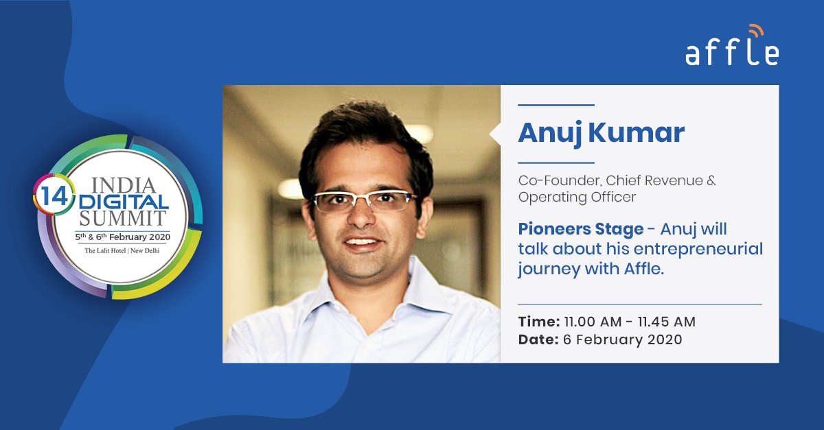 Meet Anuj Kumar - Co-Founder, Chief Revenue &amp; Operating Officer, Affle at India Digital Summit 2020, where he will be sharing more about Affle’s exciting entrepreneurial journey.
#14IDS #AffleAtIDS #IndiaDigitalSummit