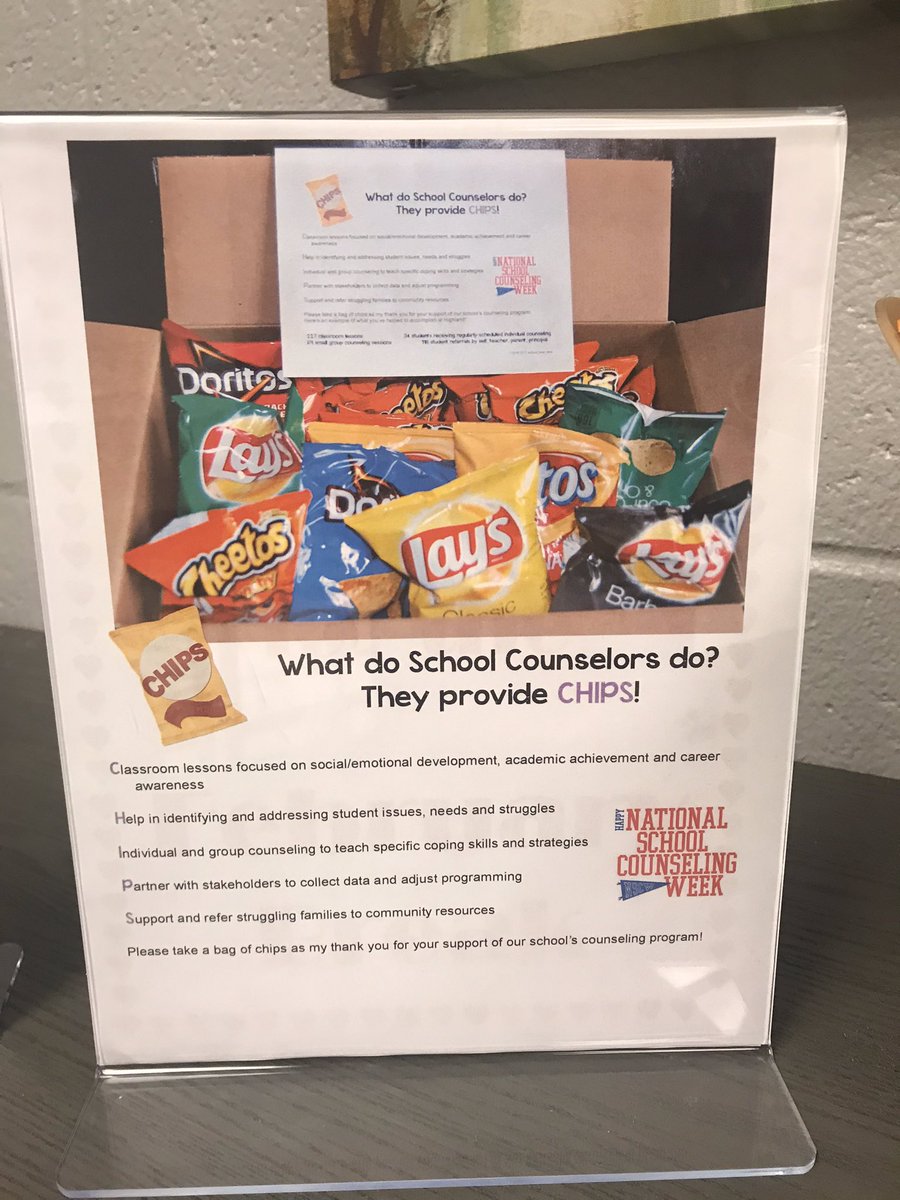 PWFCounseling's tweet photo. Happy National School Counselors Week! We are thanking our stakeholders that support our program today by providing CHIPS and SODAS. See our pics on how counselors provide these all year long! https://t.co/UODnnrM1xD
