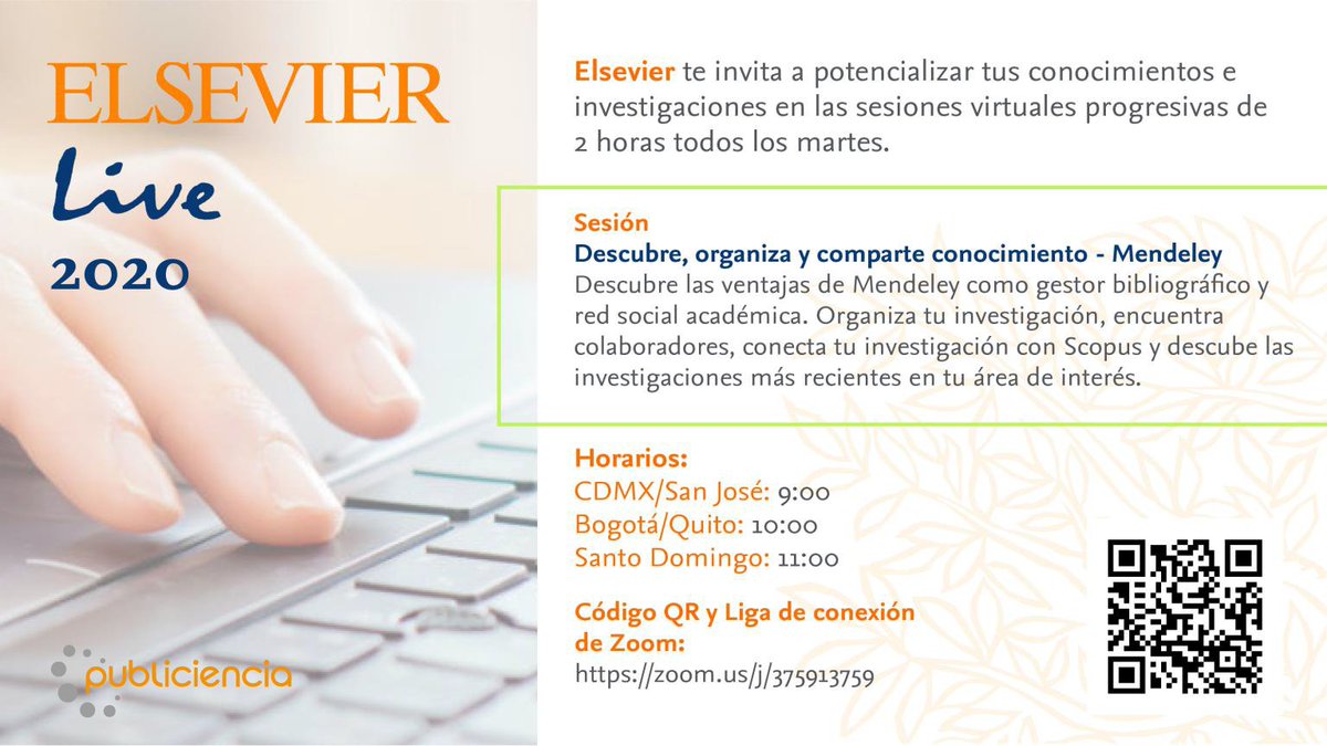 Elsevier te invita a su primera sesión en línea y descubre las ventajas de Mendeley. Regístrate #ElsevierLive2020