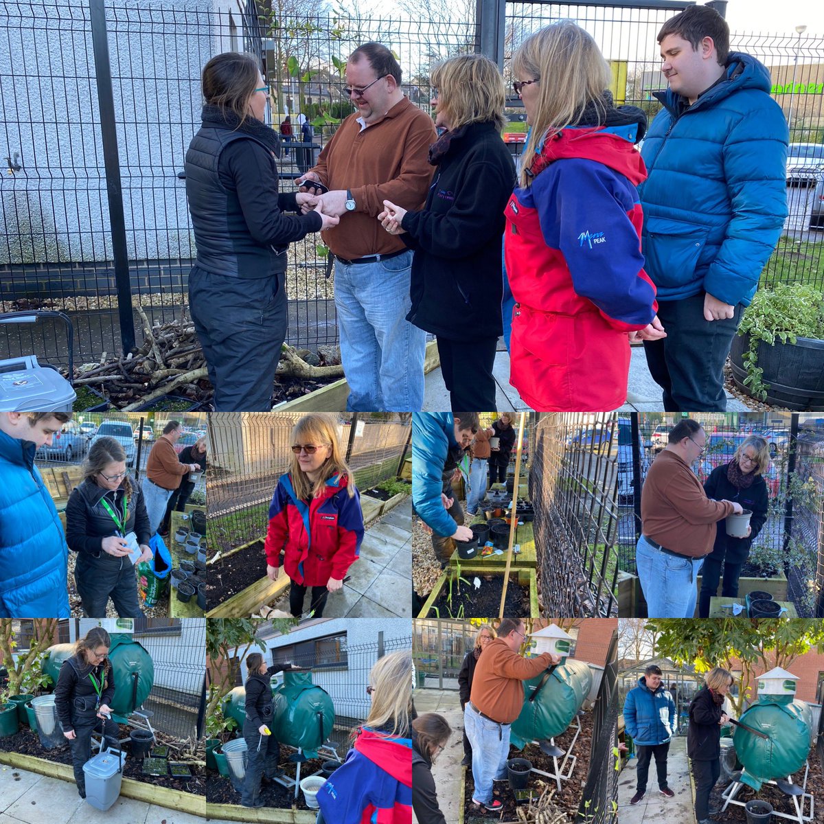 Image shows our group members and staff in the kitchen garden being shown how to weigh food waste and tree bark for our composter. The images at the bottom show our service user Stephen and volunteer coordinator Caroline turning the churned for the composter.