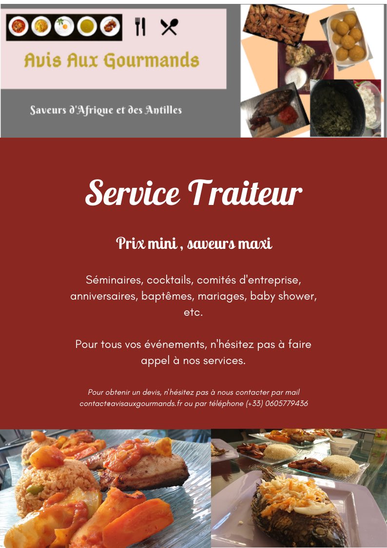 avisogourmands's tweet photo. Avis Aux Gourmands c’est aussi un service traiteur pour tous vos événements à prix défiant toute concurrence. Nous nous déplaçons dans la France entière 

Visitez notre site https://t.co/SyDZZvAzYJ

#CuisineAfricaine #CuisineAntillaise #Marseille #Foodlovers #ServiceTraiteur https://t.co/d1nFeVdV6L