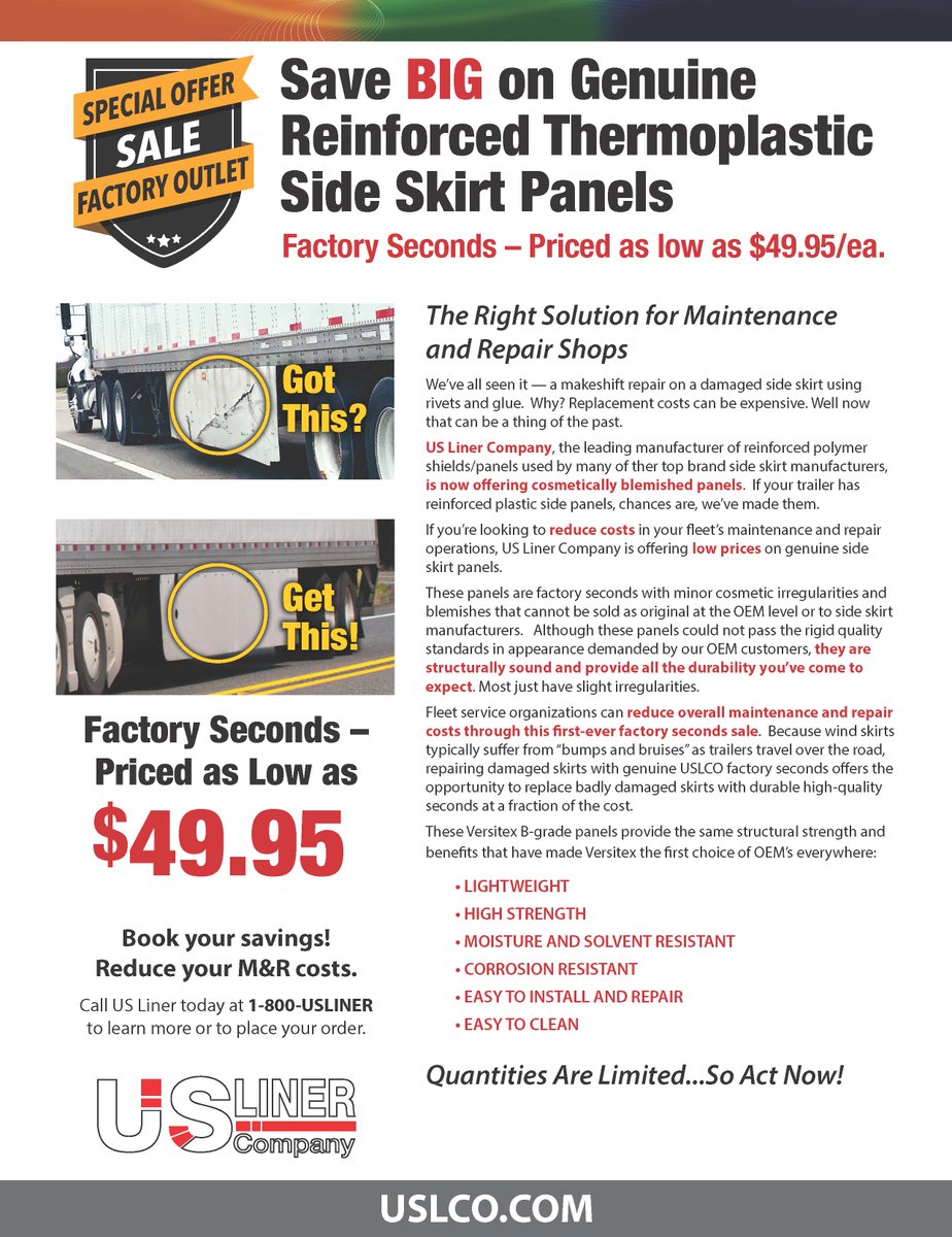 USLiner's tweet photo. FIRST TIME EVER: FACTORY SECONDS SALE ON SIDE SKIRTS! CALL US TODAY (1-800 US LINER) to get your replacement skirt shield while supplies last. 

Pricing as low as $49.95 each. https://t.co/b9Gw1cZqsQ