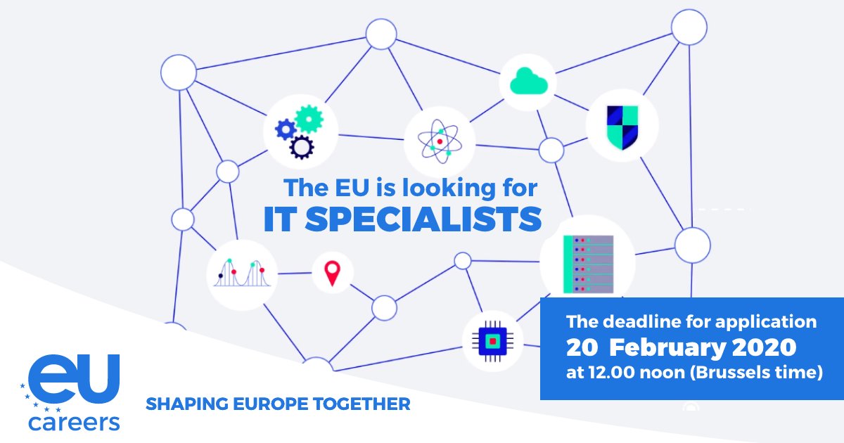 EU_Careers's tweet image. ⏱️ Deadline for application extended!⏱️

The EU 🇪🇺 is looking for IT Specialists 💻! 
Do you have experience in advanced technology, data science, ICT security, IT infrastructure &amp;amp; cloud? 

Apply by 20 February ➡ it-specialists.eu-careers.eu

#shapingeuropetogether