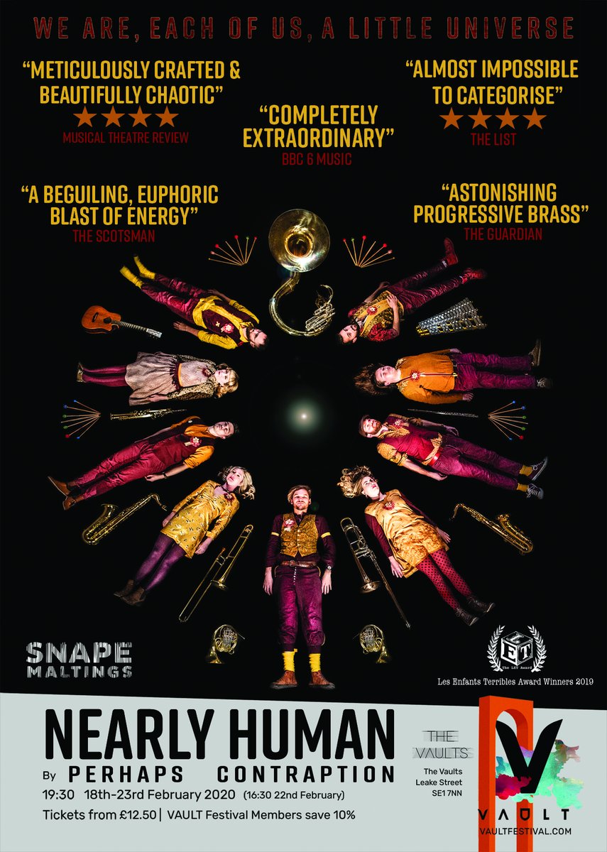 StageOneNewProd's tweet photo. For something a little different, experience gig theatre at it's finest with @PerhapsContrap #NearlyHuman. This 9-piece brass band bring this theatrical music show on the topic of human existence to VAULTs for Week 4 🎷🎵🎺 https://t.co/gcjpL9AVxN https://t.co/vbACp58zU4