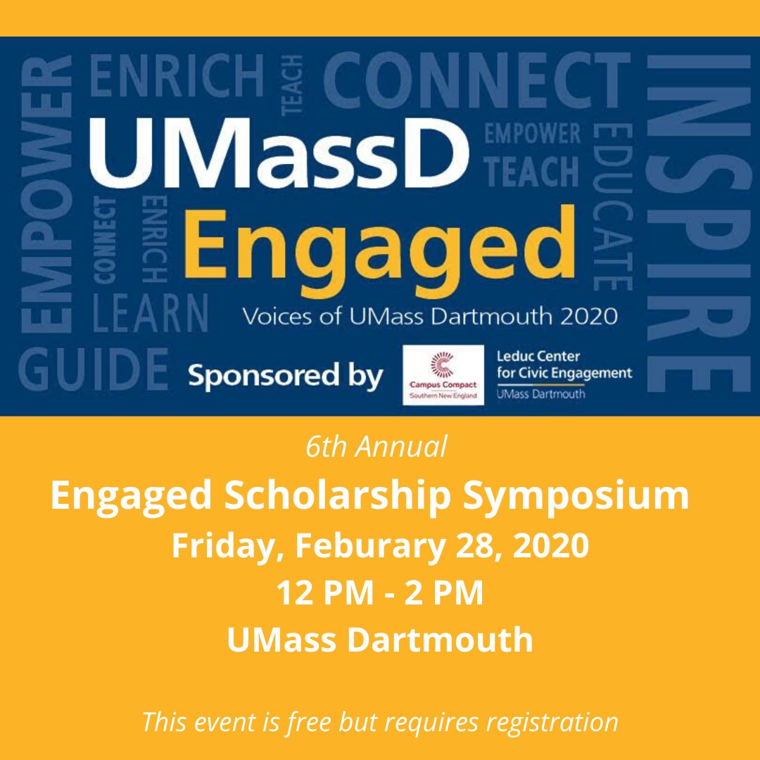 Campus Compact SNE (@compactsne) on Twitter photo Have you registered yet for the <a href="/UMassD/">UMass Dartmouth</a> Engaged Scholarship Symposium Yet?
The event is free and open to CCSNE members: buff.ly/2U5YUpZ Have you registered yet for the <a href="/UMassD/">UMass Dartmouth</a> Engaged Scholarship Symposium Yet?
The event is free and open to CCSNE members: buff.ly/2U5YUpZ