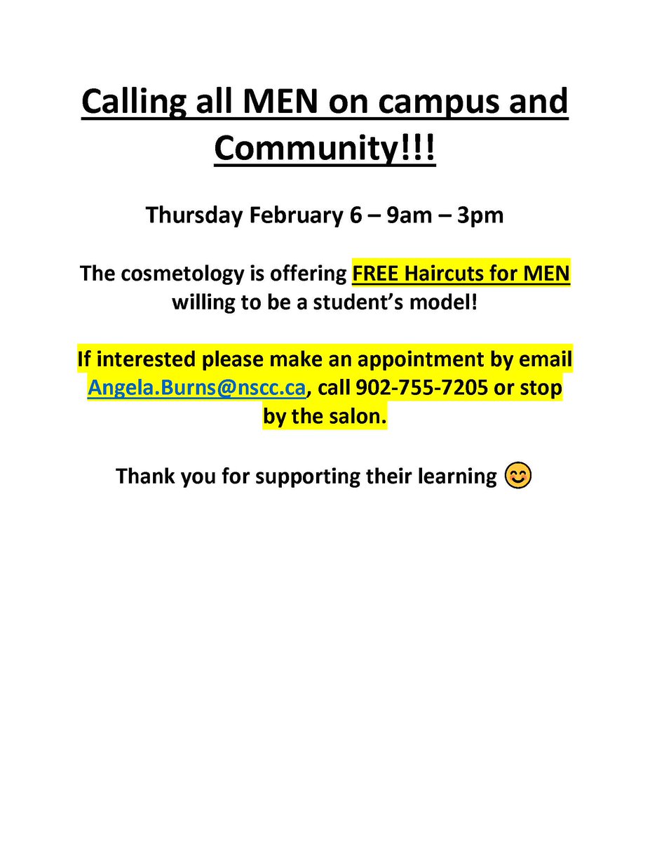 NSCCpictou's tweet image. Calling all MEN! Want a FREE haircut? Contact Angela.Burns@nscc.ca or 902/755-7205 to book your appointment. Booking for all day Thursday, Feb 6 from 9:00am - 3:00pm @NSCCpictou . #supportstudentlearning