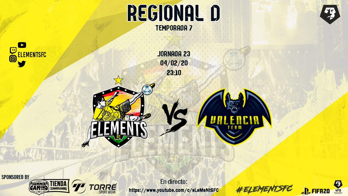 espirituganador's tweet photo. Liga @VFOspain_ps 🏆#REGIONALD
#TEMPORADA7 #VFO

|Jornada 23| ⏰23:10

@eLeMeNtSFC_ vs @ValenciaTeamVFO

Buscaremos la victoria para seguir subiendo posiciones en la tabla💪
4 finales🔥

Sponsored by
@SummirGaming &amp; @torrewear

#eLeMeNtSFC 💛
#Fifa20 #PS4
#ClubesPro
#Roadto1a 🔥 https://t.co/2IH0OBspLw