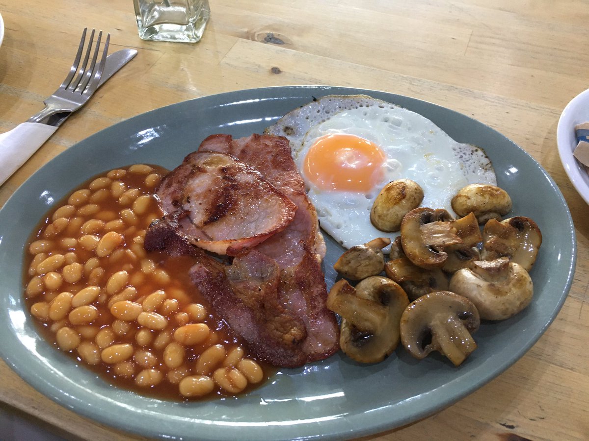 Beans bacon fried egg and mushroom all day breakfast