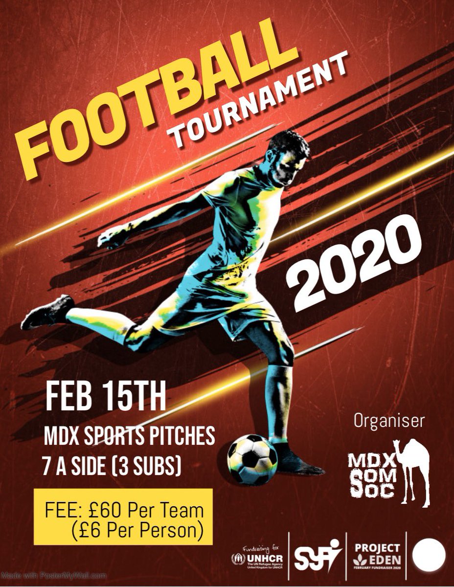 MDXSomSoc's tweet photo. Charity Football Tournament on the 15th of feb!!! All you self proclaimed ballers come and prove yourselves, Come prove you and the mandem are the best team in London!

All Teams and Payments confirmed by this friday so, First come First serve, dont get left behind🥴🥴 https://t.co/xRl1R90h0P