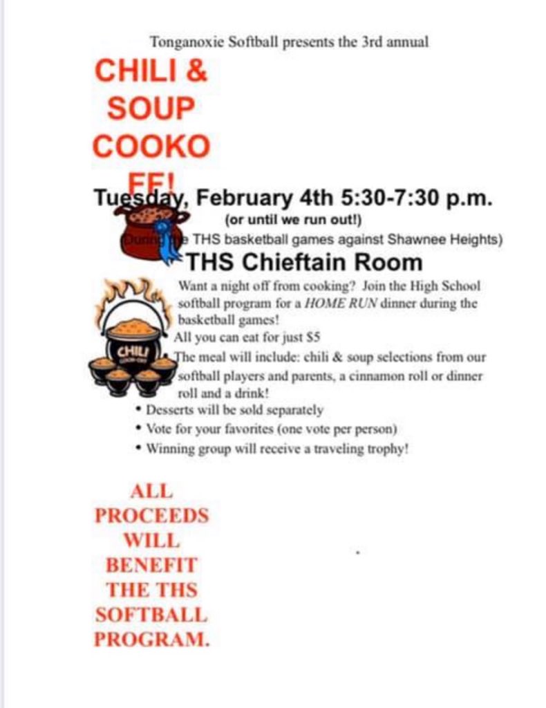 Also, Softball is having their annual Chili &amp; Soup cook-off tonight!! Cost is just $5 for all you can eat!