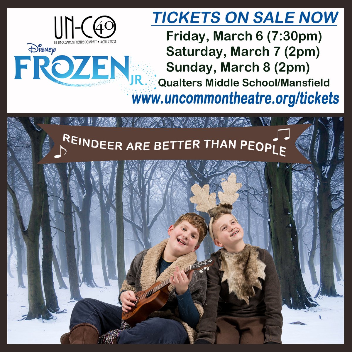 Join the cast of Frozen JR.  for 3 shows, March 6-8 at Qualters Middle School. Head to uncommontheatre.org/tickets!
#uncommontheatre #uncotheatre #frozen #frozenjr #frozenthemusical #youththeatre #eastonma #mansfieldma #sharonma #foxboroma #nortonma #cantonma #westwoodma #walpolema