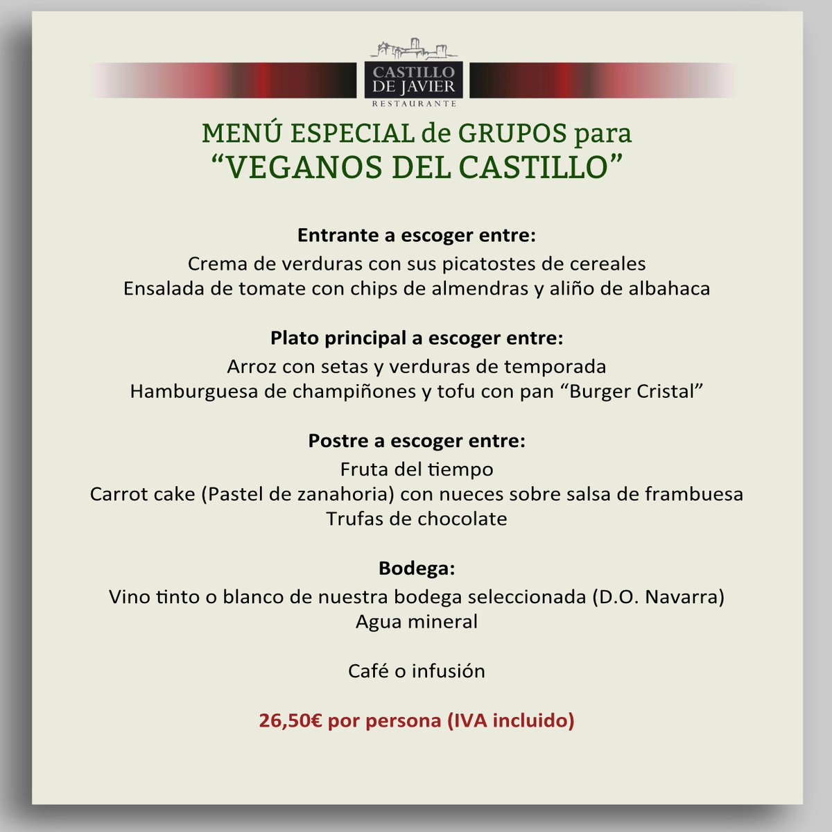 RCastilloJavier's tweet photo. En Castillo de Javier también puedes disfrutar de un delicioso menú VEGANO para grupos🌱 ¿Lo conoces? https://t.co/3dd3lEIOy4