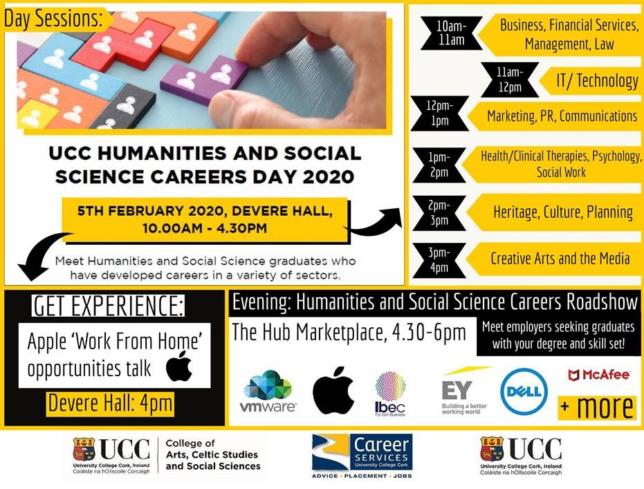 CareersUCC's tweet photo. The UCC Humanities and Social Science Careers Day begins soon! Don't miss out on this opportunity to learn what others with your degree are doing now, to find out how you can gain work experience from home, and to network with potential employers!

@UCCWorksAward @CACSSS1 https://t.co/Y2Ab2ss4c4