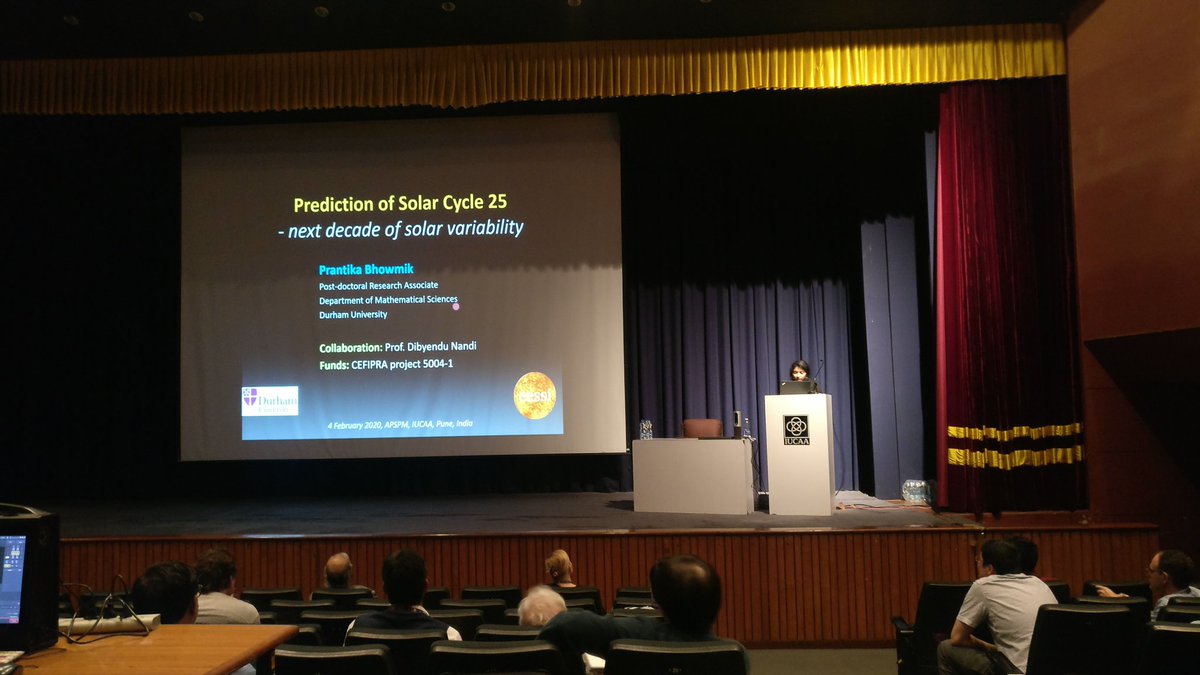 ydnad0's tweet photo. And here is Prantika Bhowmik, formerly PhD student @cessi_iiserkol @iiserkol and now Postdoctoral Fellow at @SolarDurham presenting our prediction of #sunspotcycle25 and the expected space environment over the next decade #APSPM2020 #APSPM @PrantikaBhowmik https://t.co/HyFbx0bnvv