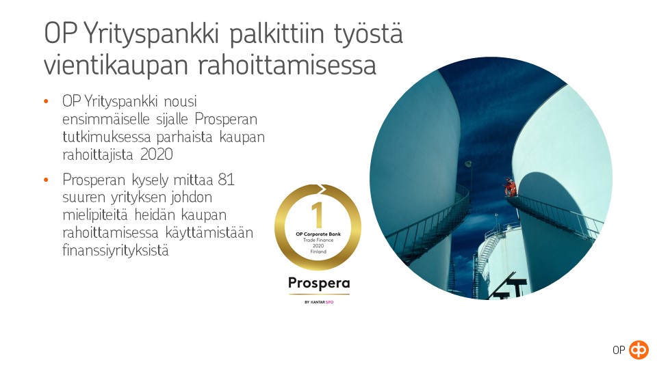 <a href="/ritakti/">Timo Ritakallio</a> OP Yrityspankki nousi ensimmäiselle sijalle Prosperan tutkimuksessa parhaista kaupan rahoittajista 2020. #tradefinance #OPtulos