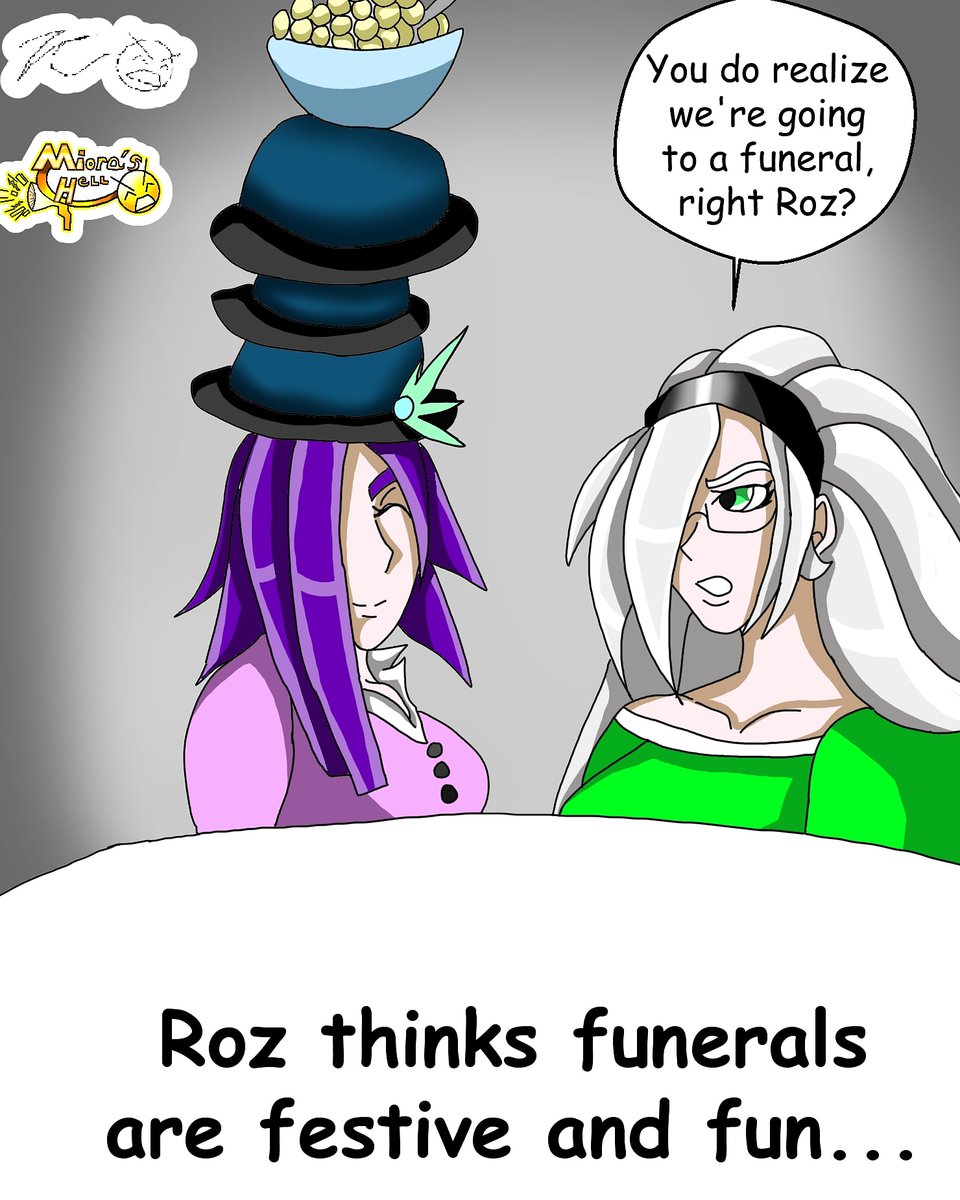 ZecrusChan17's tweet photo. Here's one I did over a year or so ago, of Miora and Roz going to a funeral. Roz for some reason insists on wearing multiple hats(and a bowl of cereal) to the funeral for the sake of being festive. Miora of course isnl not having it.
#miorashell #miorahan #OC #AnimeArt #ocs https://t.co/jJiGhMEcV3