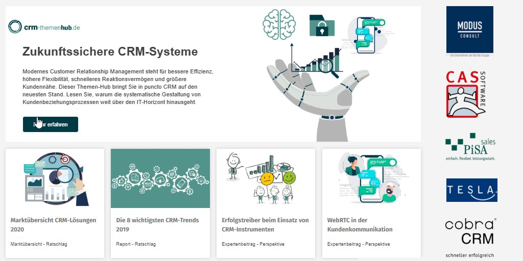 #CRM-Lösungen für #kmu. 
#ContentHub "Zukunftssichere CRM-SYSTEME". 

Marktübersicht, Expertenrat, Trends, #KI #blockchain 

Realisiert mit unserem Partner <a href="/Trovarit/">Stephan Klein</a> @IT_Matchmaker. Sponsoren: @cassoftware <a href="/cobraCRM/">cobra - computer´s brainware GmbH</a> @MODUS_Consult @PiSAsalesCRM <a href="/TeslaCRM/">Tesla CRM Software</a> 

crm-themenhub.de