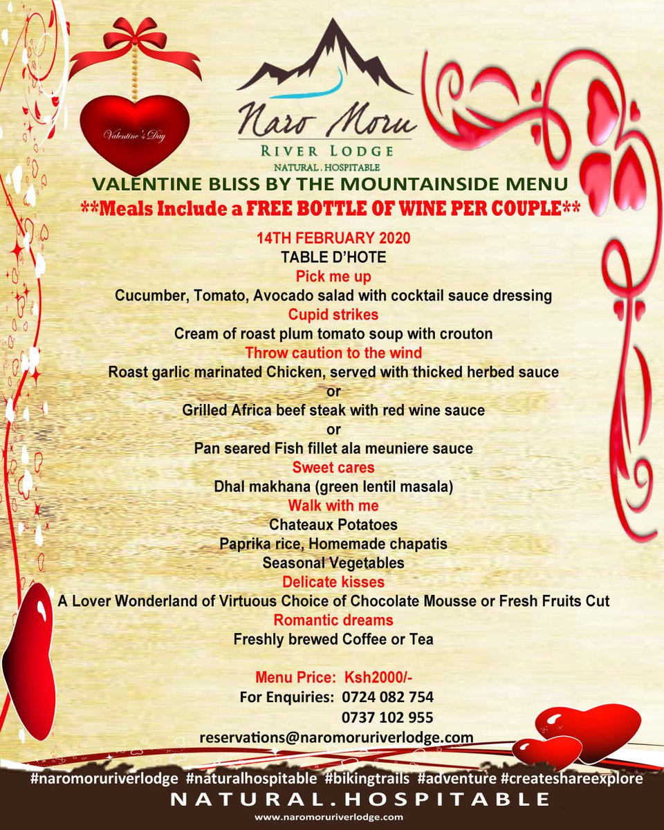 nmriverlodge's tweet photo. Valentines Menu...for your perfect taste and love. #naromoruriverlodge
#naturalhospitable
#valentinespecial
#createshareexplore
Call 0724 082 754 / 0737 102 955
reservations@naromoruriverlodge.com https://t.co/BqJkNKq77P