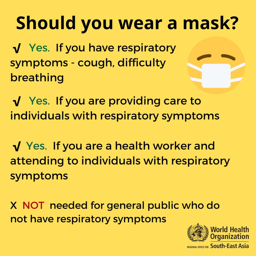 WHOThailand's tweet photo. "Should I wear a mask?"

A question many are asking amid the #NovelCoronavirus outbreak in Asia and globally.

Click on our infographic - one of the answers may surprise you. https://t.co/4VYBY2VLKU