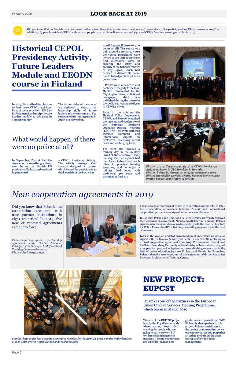 KemppainenPasi_'s tweet photo. Please take a moment to find more about @Polamk’s international relations in 2019. Busy and productive year: @EU_CEPOL Management Board Presidency, #EUPCST-project, international visits & cooperation agreements, preparing #Twinning project in Albania, just to mention few. https://t.co/mKNjkw7D7K
