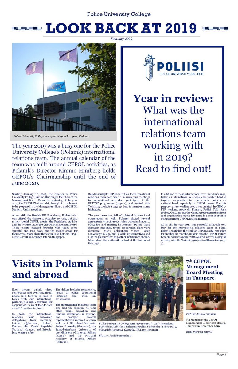 KemppainenPasi_'s tweet photo. Please take a moment to find more about @Polamk’s international relations in 2019. Busy and productive year: @EU_CEPOL Management Board Presidency, #EUPCST-project, international visits & cooperation agreements, preparing #Twinning project in Albania, just to mention few. https://t.co/mKNjkw7D7K